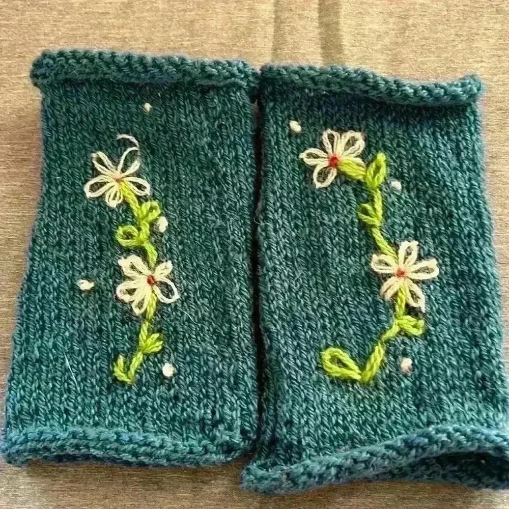 Fingerless Gloves wrist warmers  teal with flowers HandCrafted OSFM